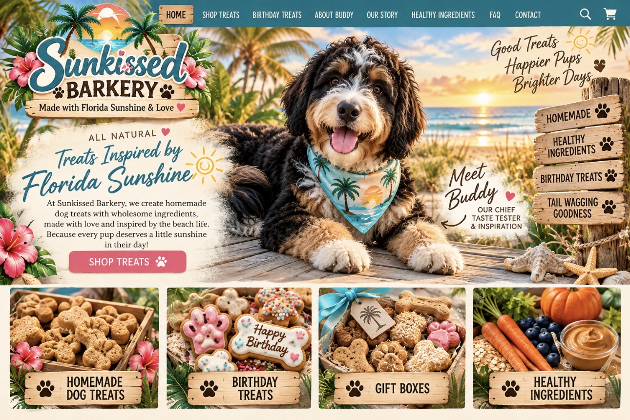 Approved Sunkissed Barkery homepage with Buddy, sunset, Florida dock and tropical treats